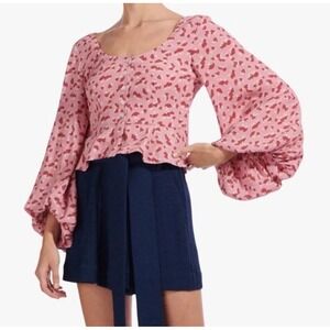 Staud Gisele Pink Mushroom Print Peplum Long Sleeve Blouse‎ Top 8 Coquette Date